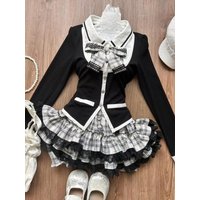 Vintage 2 Stück Herbst Kleidung Y2k Harajuku Spitze Gitter Rock Mädchen Kleider Adrette Mode Koreanische Bogen Frauen T-Shirt Kleid Elegant