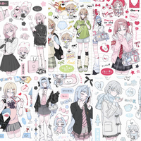 Hand-Drawn Jirai Kei Girls, Plaid Skirts & Kawaii Mascots for Teen Fashion Stationery & Scrapbooking