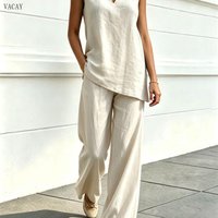 Casual Vacation Women's Set with Wide Leg Pants And Sleeveless V-Neck Top Fashionable Two-Piece Ensemble for Leisure Wear