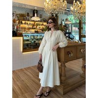 HH Women Summer Spring Minimal Neutral Cream Tie Neck Midi Dress Spring Lantern Sleeve Waist Pleated Loose Maxi Dress For Casual