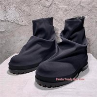 Retro Pleated Motorcycle Boots Fashion Round Toe Thick Soled Back Zipper Short Boots Spring Autumn Trendy High Top Casual Shoes