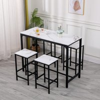 White Marble Top Home Bar Set with 4 Stools, Kitchen Counter or Breakfast High Dining Table with 4 Chairs