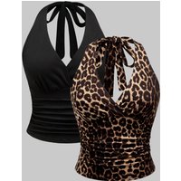 Women's 2 Piece Halter Cami Top Set Leopard Print & Solid Ruched Waist Sleeveless Crop Tops