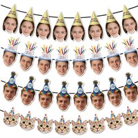 Custom Birthday Photo Banner Personalized Birthday Hat Pattern Bunting Banner for Happy Birthday Party Favors Birthday Banner