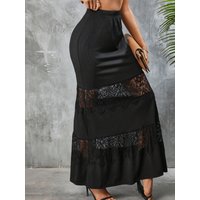 Women's Lace Patchwork Maxi Skirt, High Waist Ribbed Knit Long Skirt, Elegant See-Through Lace Hem Bodycon Skirt For Ladies