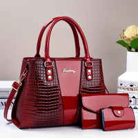 Luxury 3pcs Handbag Set Crocodile Pattern Large Capacity Crossbody Bag Glossy Patent Leather Tote Bag with Wallet and Card Bag