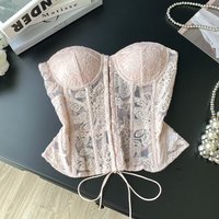 Floral Embroidery Sexy Club Corset Top Female Strapless Slim Corset Backless Tank Top French Lace Up Basics Sheer Camisole
