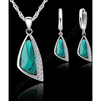 Hot Selling 925 Sterling Silver Women Wedding Jewelry Sets With Green Triangle Crystal Earrings Necklace Set Wedding Gifts
