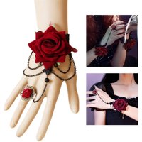 Halloween Women Rose Bracelets Steampunk Gothic Style Flower Lace Bracelet with Ring Punk Jewelry Chain Tassel Cosplay Props