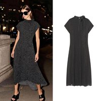 Women's Polka Dot Midi Dress Summer Female Stand Collar Bow Lace-Up Short Sleeve Casual Long Dress Lady Elegant Commute Dress