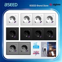 Gniazdo inteligentne BSEED E Series Zigbee z funkcją monitorowania energii, szybkim ładowaniem 20W, portem USB Type-C, sterowaniem Tuya Smart Life, plastikowa obudowa.