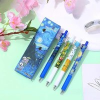 4Pcs/Box Trendy Van Gogh Oil Painting Press Gel Pen 0.5mm Black Ink ST Ballpoint Pens Stationery Rollerball Pen Exam