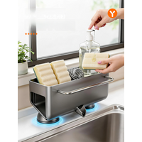 No Drill Suction Cup Kitchen Sink Caddy with Towel Bar Kitchen Sink Sponge Holder Dishcloth Drying Rack Sink Drain Basket
