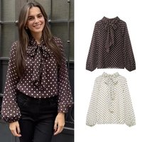 Women's Dots Printed Blouse Shirt Spring Autumn Fashion Long Sleeve Bow Lace-Up Blouse Shirt Lady Elegant High Street Blouses