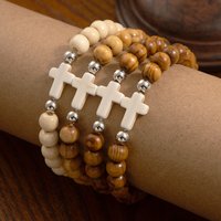 Wooden Beaded Cross Bracelet, Elastic Stretch Religious Christian Prayer Wristband for Men Women, Spiritual Jewelry