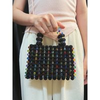 Hand-Woven Beaded Evening Bag Casual Style Diamond Ball Pearl Dress Tote with Chain Decoration for Dinner Party Accessory