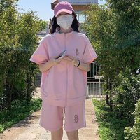 Embroidered Japanese Sports Set Summer Casual Loose Short Sleeved Zipper Cardigan + Drawstring Shorts 2 Pcs Sets Women Y2k Suits