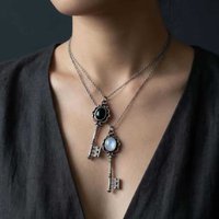 Gothic Vintage Sliver Color Key Moonstone/Black Onyx Pendant Necklace Couple for Women Men Halloween Witch Dark Academy Jewelry