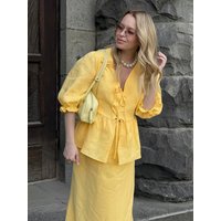 2026 Summer Long Skirt Suit Women 100% Cotton V-Neck Lace-Up Bubble Sleeve Shirts +Long Skirt 2 Pieces Set Female Casual Outfits