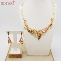 Luxury Dubai Women New Necklace Set Gold Plated Jewelry Colorful Crystal Rhinestone Pendant Rings Earrings Wedding Jewellery