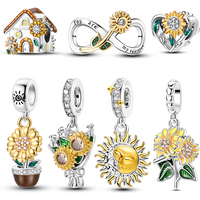 925 Sterling Silver Golden Sunflower Pendants Heart Shape Charms Beads Fit Original Bracelet Fine Jewelry Gifts Making