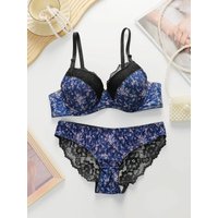 Women's Sexy Printed Lace Edge Bra Set With Steel Ring Gathering Push Up Daily Close Fitting Underwear Set B6016