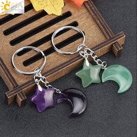 CSJA Healing Natural Stone Keychain Trendy Moon Star Charm Bead Pendant Silver Color Holder Key Ring Car Key Ring Bag Decor H368