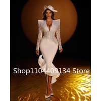Tea-length Mermaid Saudi Bridal Wedding Dresses Luxury Long Sleeve Lace Pearls V-neck Garden Bride Gown Outfit Customsized