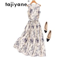 TAJIYANE 65% Mulberry Silk 35% Cotton Tank Dresses for Women Elegant Floral Long Dress Belted Summer Frocks 2026 Woman Clothing