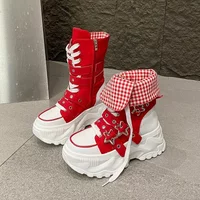 Single Boots Autumn New Round Toe Front Lace-Up Platform Non-Slip Mid-Tubular Boots Size Up To 42