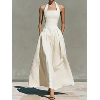 Summer Halter Neck Chic Sleeveless Maxi Dress Women Casual Patchwork Solid Color Holiday Party Fashion Ladies Dress Streetwear