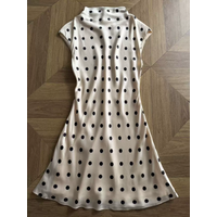 2026 Women Polka Dot Print Fashion Dresses Stand Collar Short Sleeve High Waist Casual Slim 100% Silk Diagonal Cut Mini Dress