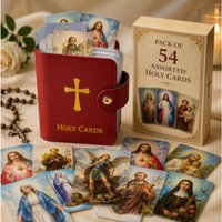54 Saint Holy Prayer Cards Set Genuine Leather Storage Case with Leather Card Holder Catholic Christian Devotional Collection