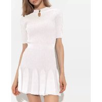 Spring and Autumn New Solid Color Round Neck Gold Button Short Sleeve Slim Short Style Casual Commuter Women's Dress