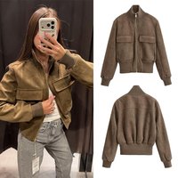 Veste de pilote en daim synthétique pour femmes, col montant, fermeture éclair, manteau court, poches à rabat avec bordure côtelée, vêtement décontracté rétro.