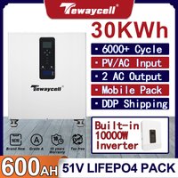 Tewaycell 30KWh Powerwall 51V 48V 600Ah LiFePO4 Battery Pack Buitl-in 200A BMS CAN RS485 Monitor Solar ESS 10KW Output Inverter