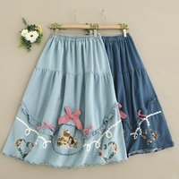 Spring New Japanese Sweet Mori Girl Cartoon Bear Embroidery Bow Denim Skirts Women Retro Elastic Waist Casual A-Line Midi Skirts