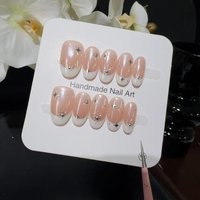 10pcs high-end Starlight small diamond handmade French Tip Nails, Light luxury pink-themed nail art