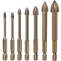 Binoax 7-teiliges Glasbohrer-Set, Legierung, Hartmetallspitze mit 4 Schneidkanten, Fliesen- und Glaskreuz-Speerkopfbohrer