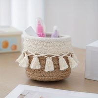 1 Piece of Beautiful Tassel-Style Woven Pen Holder, Round Desktop Storage Basket, Beauty Tool Storage Box, Home Storage Basket