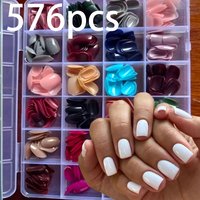 576pcs/Box White Oval Short Square Press On Nail Tips 24 Color Glossy Full-Cover Fake Nails Simple Women/man Wearing False Nail