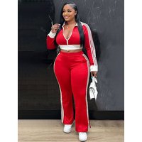 Doyerl Sporty Casual Tracksuit Woman Two Piece Outfit Striped Long Sleeve Zip Cropped Jacket Top and Sweatpant Set Jogging Femme