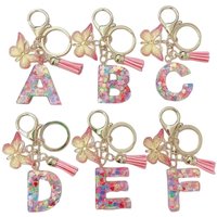 26 Letter Keychain Pink Glitter Resin Butterfly Tassel Decoration Car Key DIY Keychain Pendant Keychain Kawaii Lanyard Love