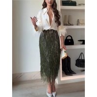 Sequined Tassel New Skirt Women Fashion Outfit High Waist Slim Fit Long Party Skirt Lady Commuting Club Banquet Clothing