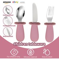 3-piece silicone spoon and fork cutlery set for baby food and feeding utensils, children's stainless steel spoon and fork cutler