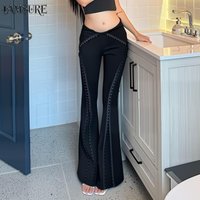 Street Fashion Buckle Design Elastic Micro Flared Knitted Pants Women Elegant Slim-Fitting Low Waist Black Trousers Chic Bottoms image 3