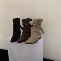 2026 New Winter Pointed Toe Mid-calf Women Boots Cow Suede Knight Fashion Slip on Party Shoes Western Modern