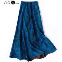 2025 Women's Fashion Spring New 100% Natural Mulberry Silk HuaLuo Gambiered Guangdong Gauze Slant Cut Slim Blue Big Swing Skirt