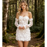 3D Floral Appliques Short Wedding Dress 2026 Corset Mini Bridal Gown with Detachable Long Sleeves White Lace Boho Forest fairy