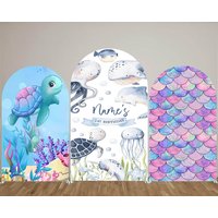 Mehofond Undersea Glitter Mermaid Arch Backdrop Cover 2-Sided Custom Princess 1st Birthday Party Sea Turtle Decor Background